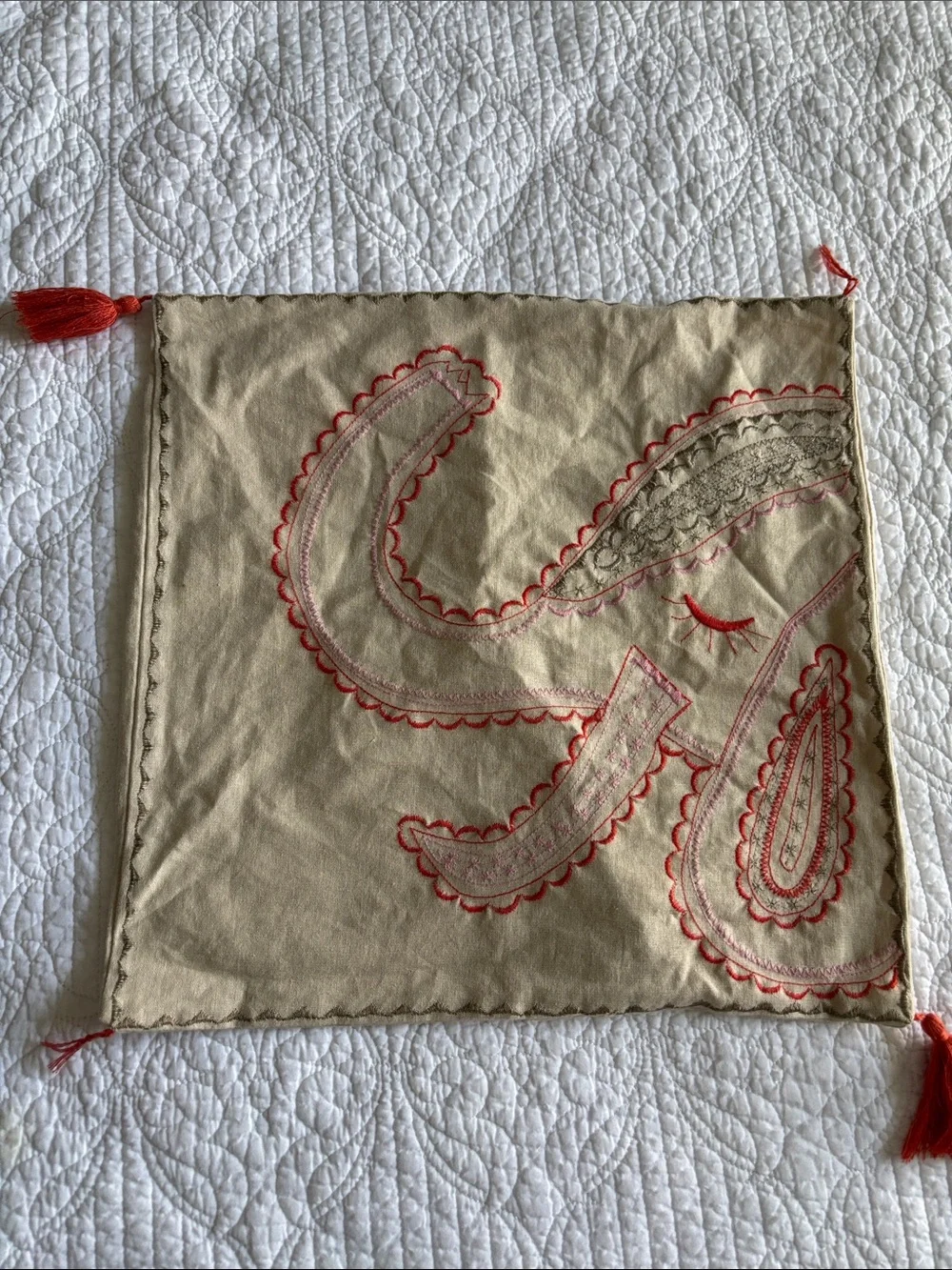 Pottery Barn Kids Linen Blend Embroidered Elegant Motif Throw Pillow Cover Case